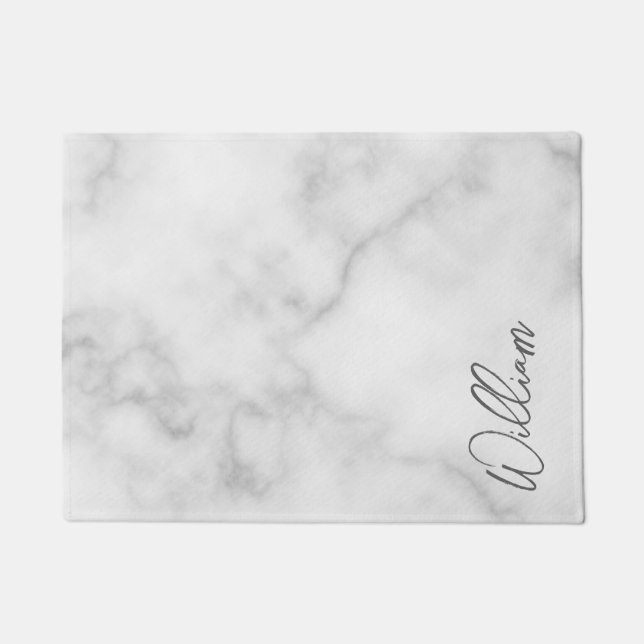 White Marble Modern Script Personalised Name Doormat (Front)