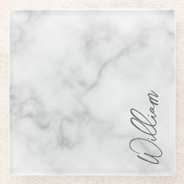 White Marble Modern Script Personalised Name Glass Coaster (Front)