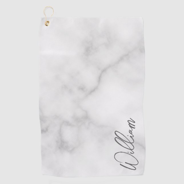 White Marble Modern Script Personalised Name Golf Towel (Front)