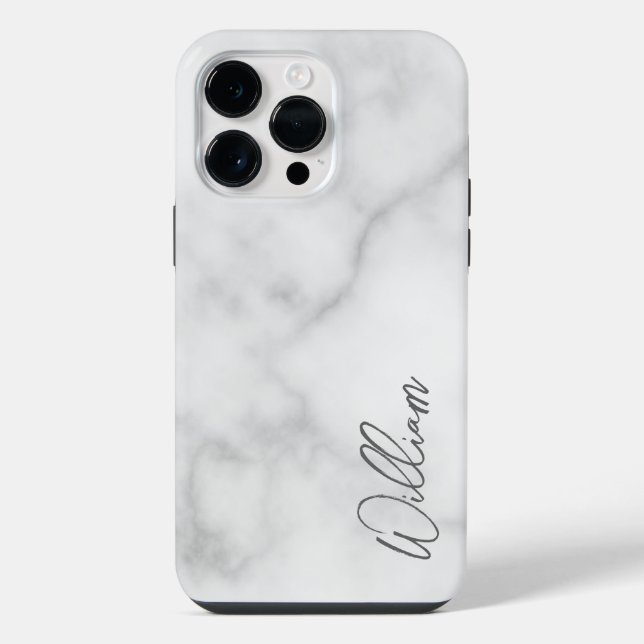 White Marble Modern Script Personalised Name iPhone Case (Back)
