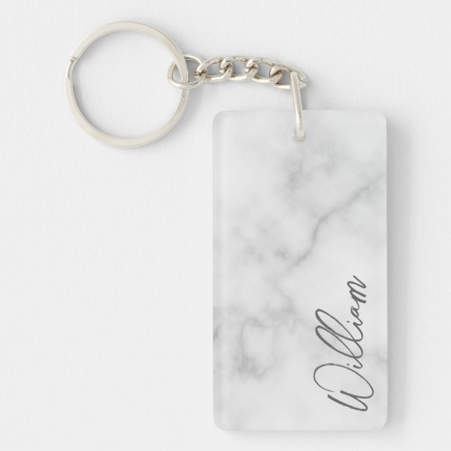 White Marble Modern Script Personalised Name Key Ring (Front)