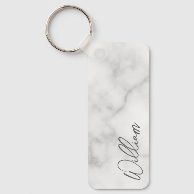 White Marble Modern Script Personalised Name Key Ring (Front)