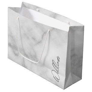 White Marble Modern Script Personalised Name Large Gift Bag