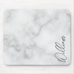White Marble Modern Script Personalised Name Mouse Mat