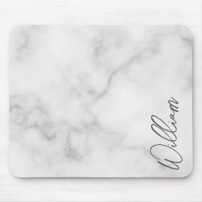White Marble Modern Script Personalised Name Mouse Mat (Front)