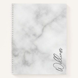 White Marble Modern Script Personalised Name Notebook
