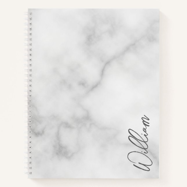 White Marble Modern Script Personalised Name Notebook (Front)