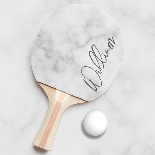 White Marble Modern Script Personalised Name Ping Pong Paddle