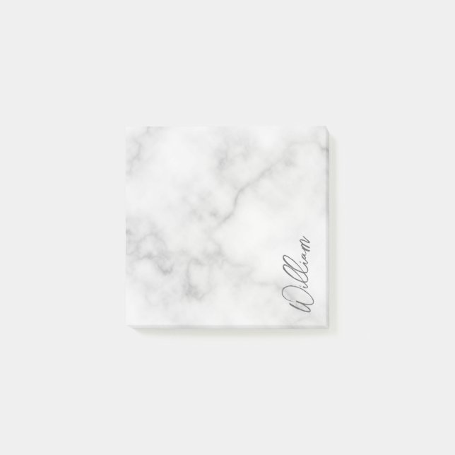 White Marble Modern Script Personalised Name Post-it Notes (Front)