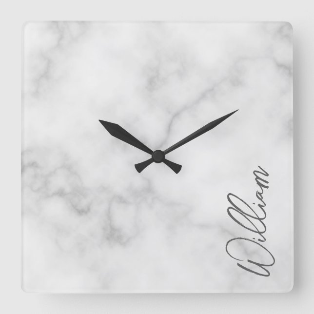 White Marble Modern Script Personalised Name Square Wall Clock (Front)