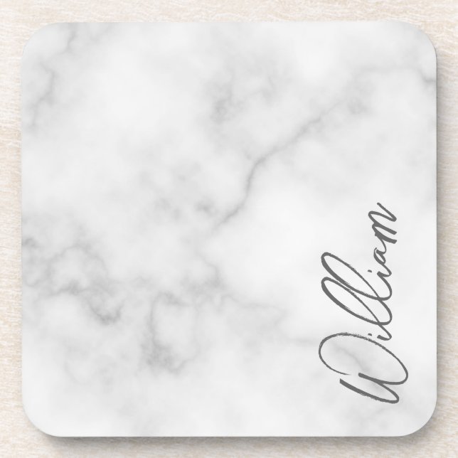 White Marble Modern Script Personalized Name Coaster (Front)