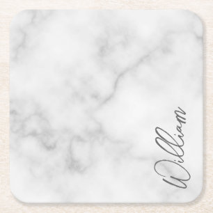 White Marble Modern Script Personalized Name Square Paper Coaster