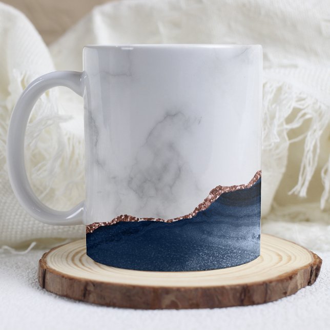 White Marble Navy Blue Agate Rose Gold Glitter  Coffee Mug (Creator Uploaded)