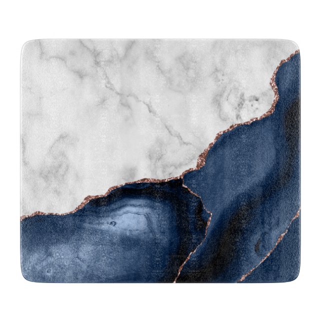White Marble Navy Blue Agate Rose Gold Glitter Cutting Board (Front)