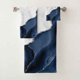 navy blue and white bath towel set