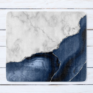 White Marble Navy Blue Agate Silver Glitter Cutting Board