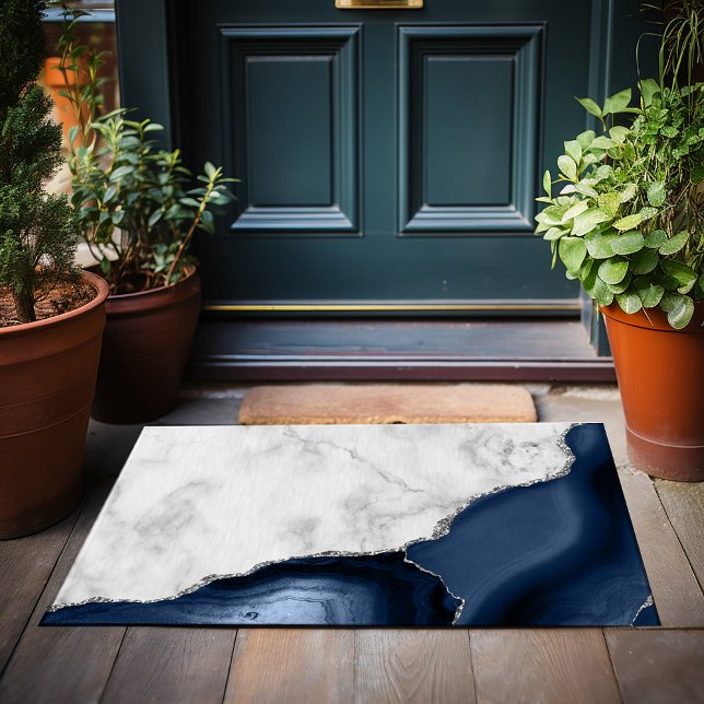 White Marble Navy Blue Agate Silver Glitter Doormat (Creator Uploaded)