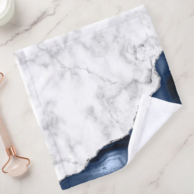 White Marble Navy Blue Agate Silver Glitter Wash Cloth (Creator Uploaded)