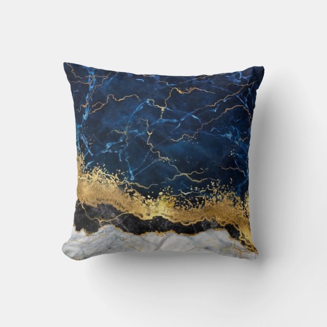 White Marble Navy Blue Gold Agate Cushion (Front)