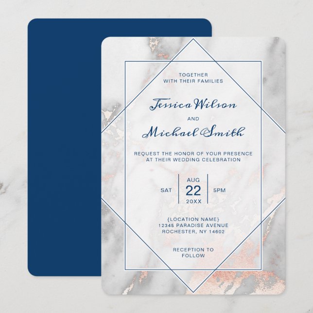 White Marble Navy Blue Rose Gold Elegant Wedding Invitation (Front/Back)