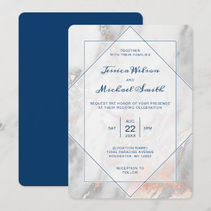 White Marble Navy Blue Rose Gold Elegant Wedding Invitation