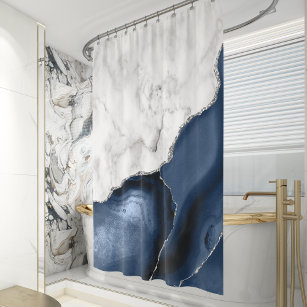 White Marble Navy Blue Silver Agate Shower Curtain
