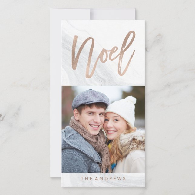 White Marble Noel | Holiday Photo Card in Bronze (Front)