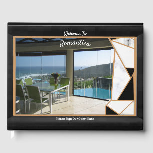 White Marble Offset with Onyx Black abstract Guest Book