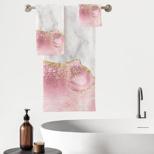 White Marble Pastel Pink Agate Gold Glitter Bath Towel Set