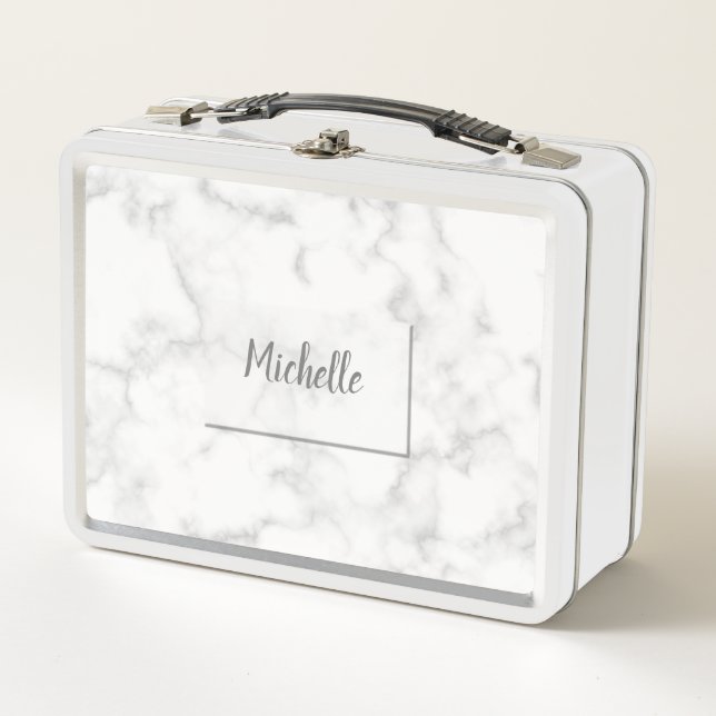 White Marble Personalised Custom Metal Lunch Box (Front)