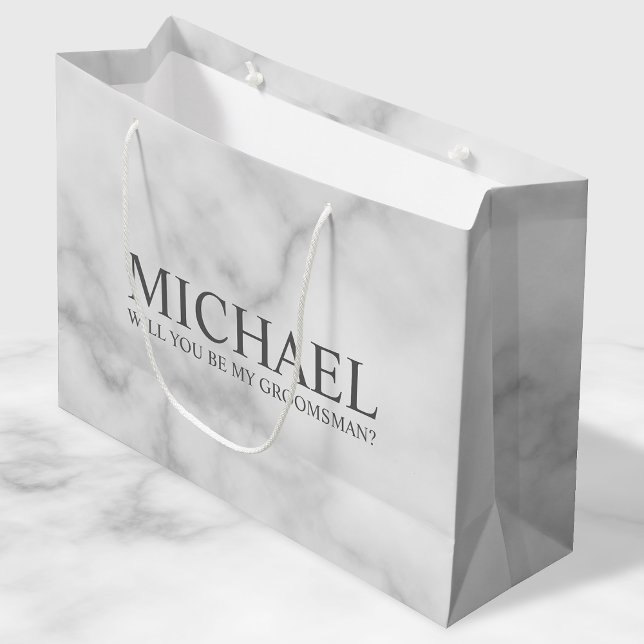 White Marble Personalised Groomsman Proposal Large Gift Bag (Creator Uploaded)