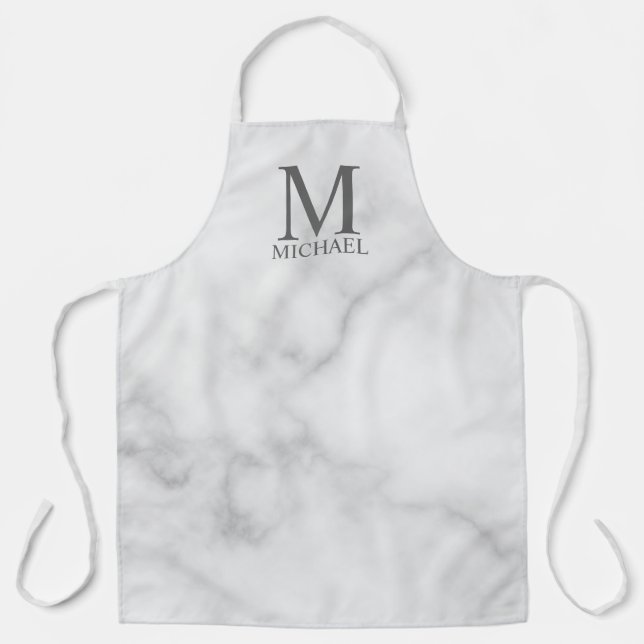White Marble Personalised Monogram and Name Apron (Front)