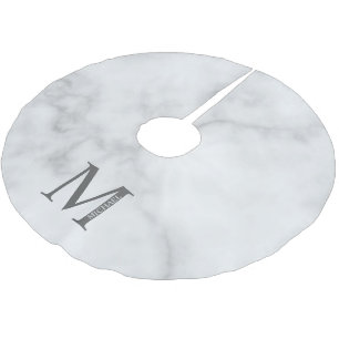 White Marble Personalised Monogram and Name Brushed Polyester Tree Skirt