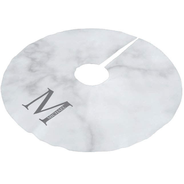 White Marble Personalised Monogram and Name Brushed Polyester Tree Skirt (Angled)