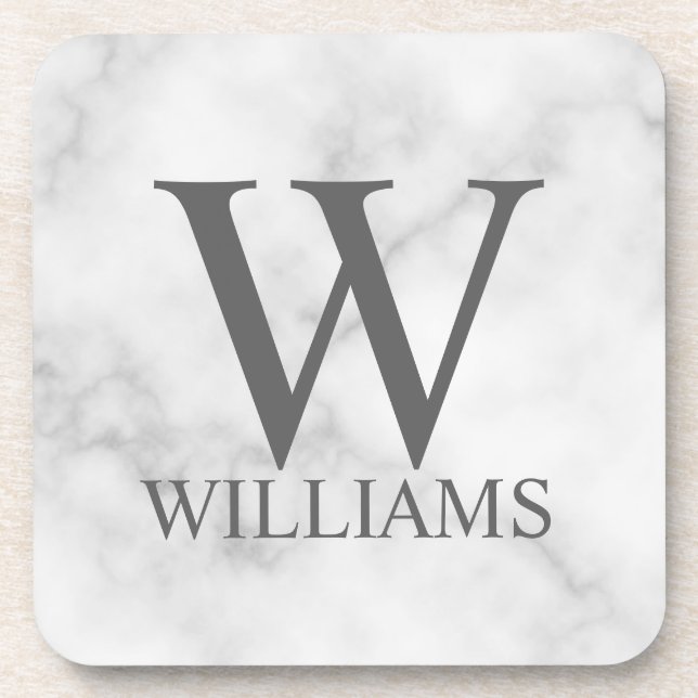 White Marble Personalised Monogram and Name Coaster (Front)