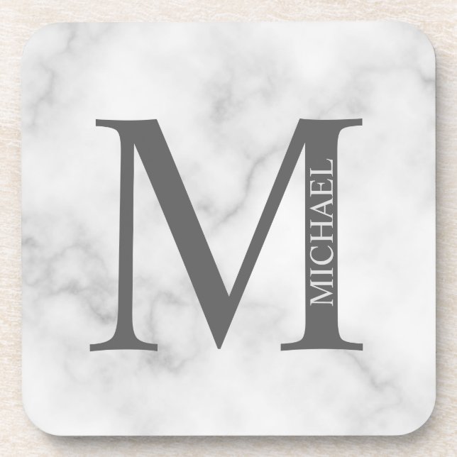 White Marble Personalised Monogram and Name Coaster (Front)