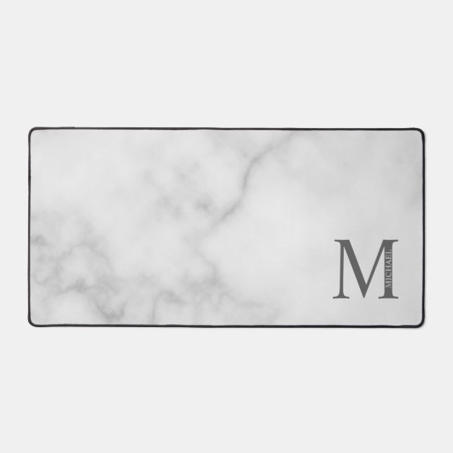 White Marble Personalised Monogram and Name Desk Mat (Front)