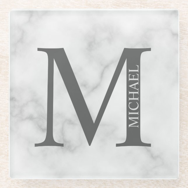 White Marble Personalised Monogram and Name Glass Coaster (Front)