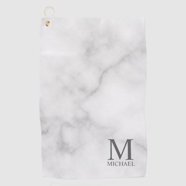 White Marble Personalised Monogram and Name Golf Towel (Front)