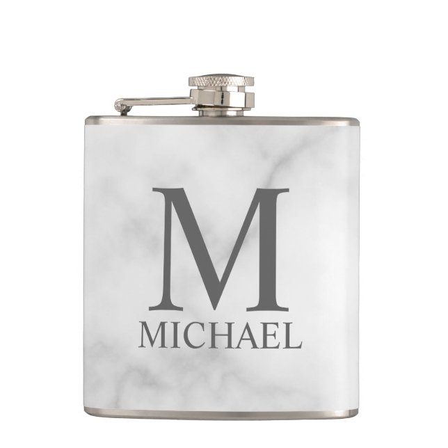 White Marble Personalised Monogram and Name  Hip Flask (Front)