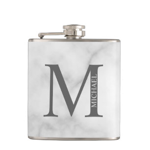 White Marble Personalised Monogram and Name Hip Flask