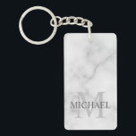 White Marble Personalised Monogram and Name Key Ring<br><div class="desc">Personalised Monogram and Name Gift features personalised name in grey and monogram in light grey as background, in classic serif font style, on white marble background. Perfect as holiday gift, family reunion favours, thank you gift for groomsmen and gift for any special occasions. Please note: The marble details are simulated...</div>