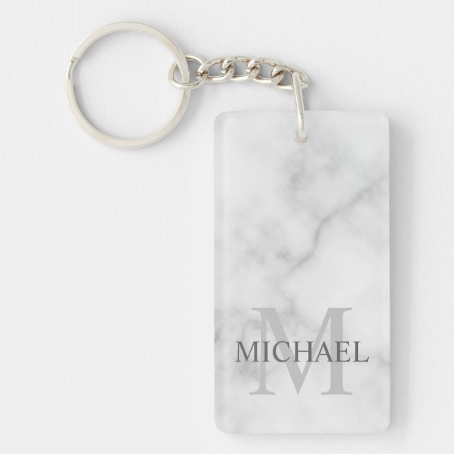 White Marble Personalised Monogram and Name Key Ring (Front)