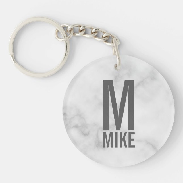 White Marble Personalised Monogram and Name  Key Ring (Front)
