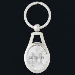 White Marble Personalised Monogram and Name Key Ring<br><div class="desc">Personalised Monogram and Name Gift features personalised name in grey and monogram in light grey as background, in classic serif font style, on white marble background. Perfect as holiday gift, family reunion favours, thank you gift for groomsmen and gift for any special occasions. Please note: The marble details are simulated...</div>