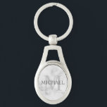 White Marble Personalised Monogram and Name Key Ring<br><div class="desc">Personalised Monogram and Name Gift features personalised name in grey and monogram in light grey as background, in classic serif font style, on white marble background. Perfect as holiday gift, family reunion favours, thank you gift for groomsmen and gift for any special occasions. Please note: The marble details are simulated...</div>