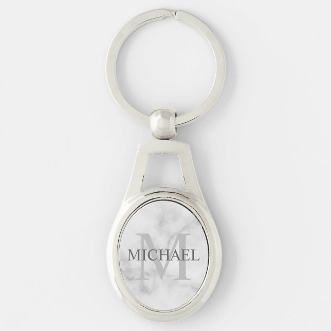 White Marble Personalised Monogram and Name Key Ring (Front)