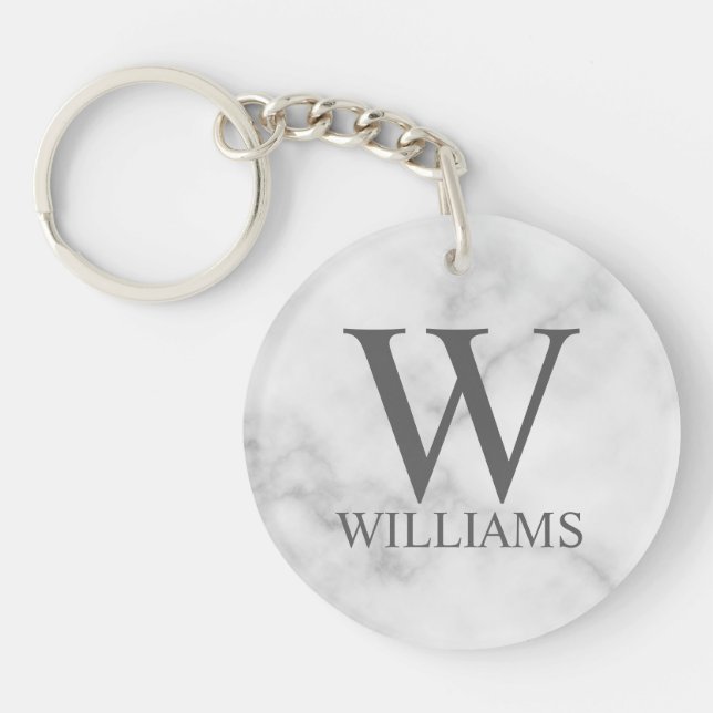 White Marble Personalised Monogram and Name Key Ring (Front)