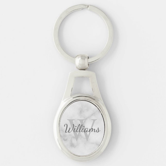 White Marble Personalised Monogram and Name Key Ring (Front)