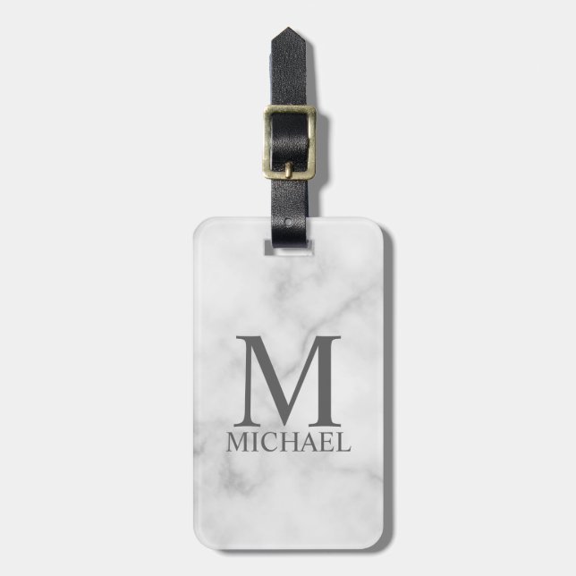 White Marble Personalised Monogram and Name Luggage Tag (Front Vertical)